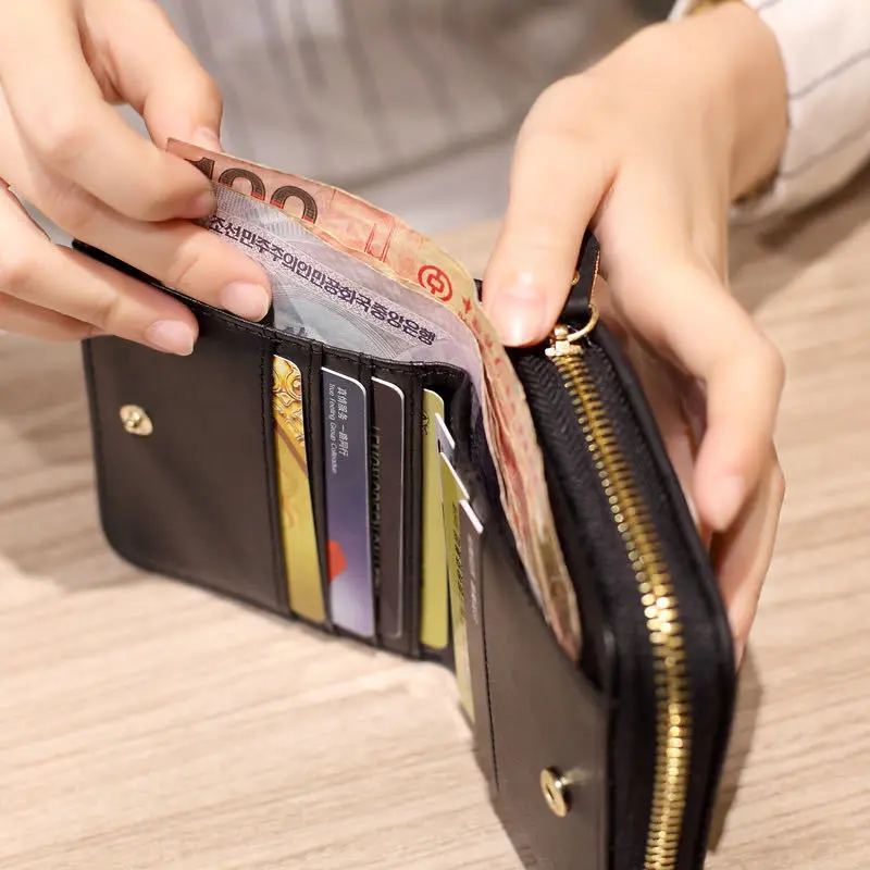 Korean Flodable Short Wallets Coin Card Holder Women‘s PU Leather Plaid Zipper Coin Money Purses ID Credit Card Holder Wallet