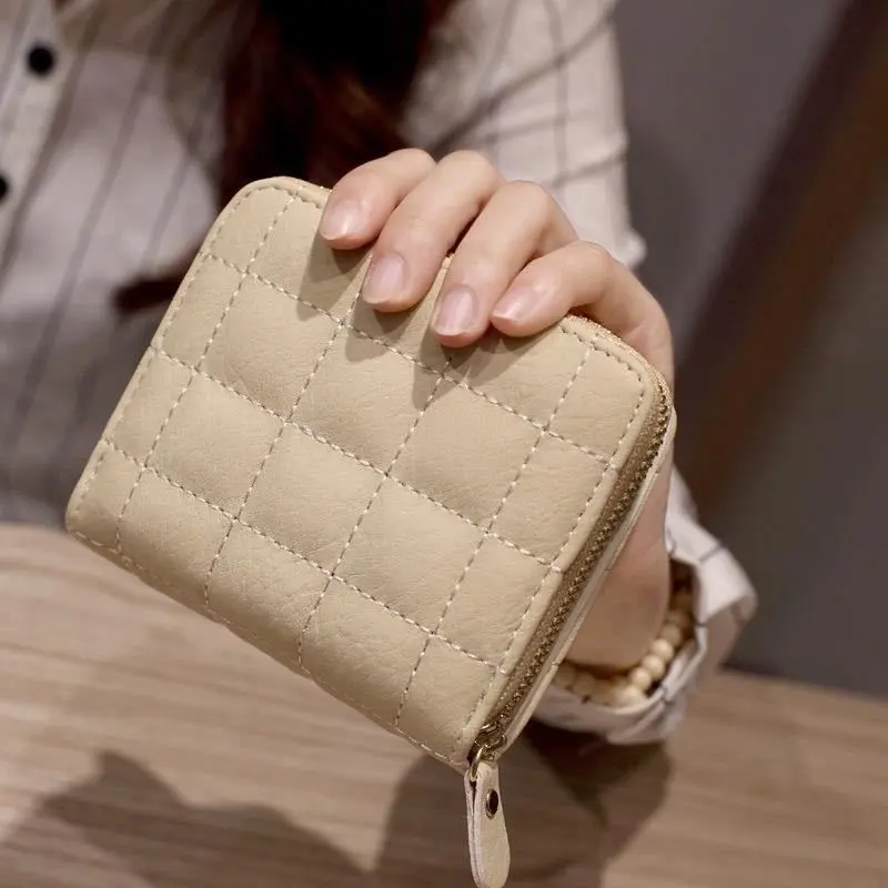 Korean Flodable Short Wallets Coin Card Holder Women‘s PU Leather Plaid Zipper Coin Money Purses ID Credit Card Holder Wallet