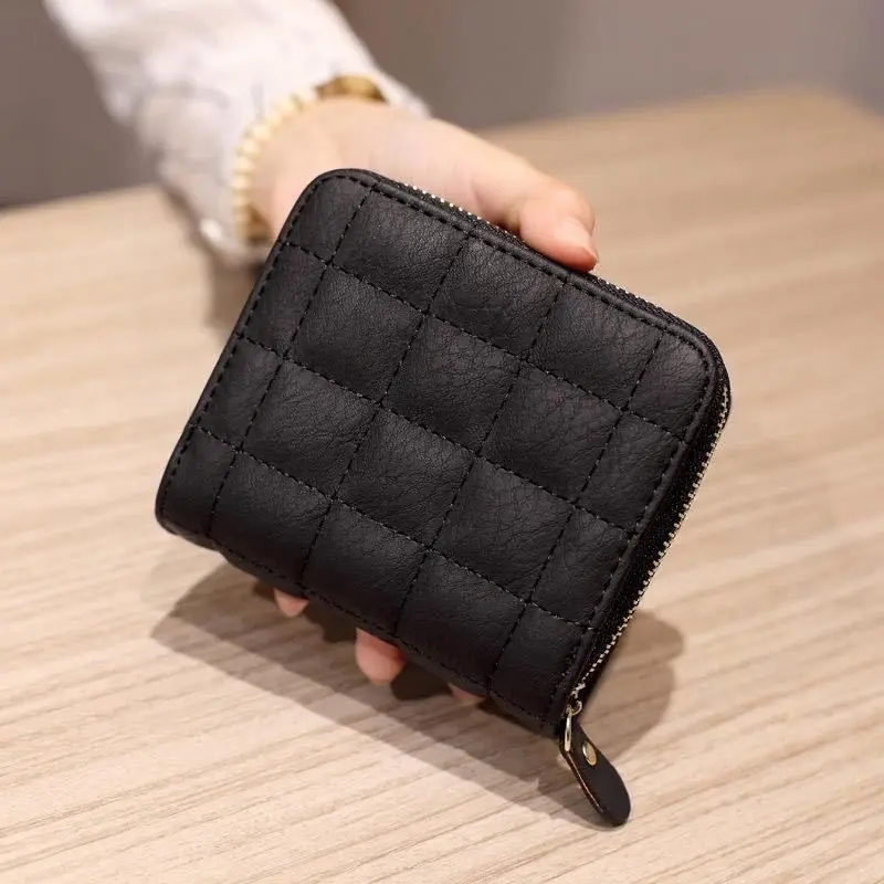 Korean Flodable Short Wallets Coin Card Holder Women‘s PU Leather Plaid Zipper Coin Money Purses ID Credit Card Holder Wallet