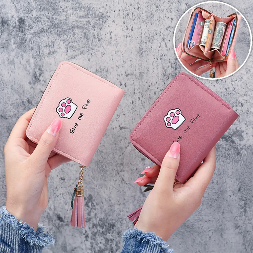 New Women's Wallet Fashion Short Casual Student Coin Purse Cute Cartoon Cat Paw Print Tassel Zipper Card Case Designer Wallet
