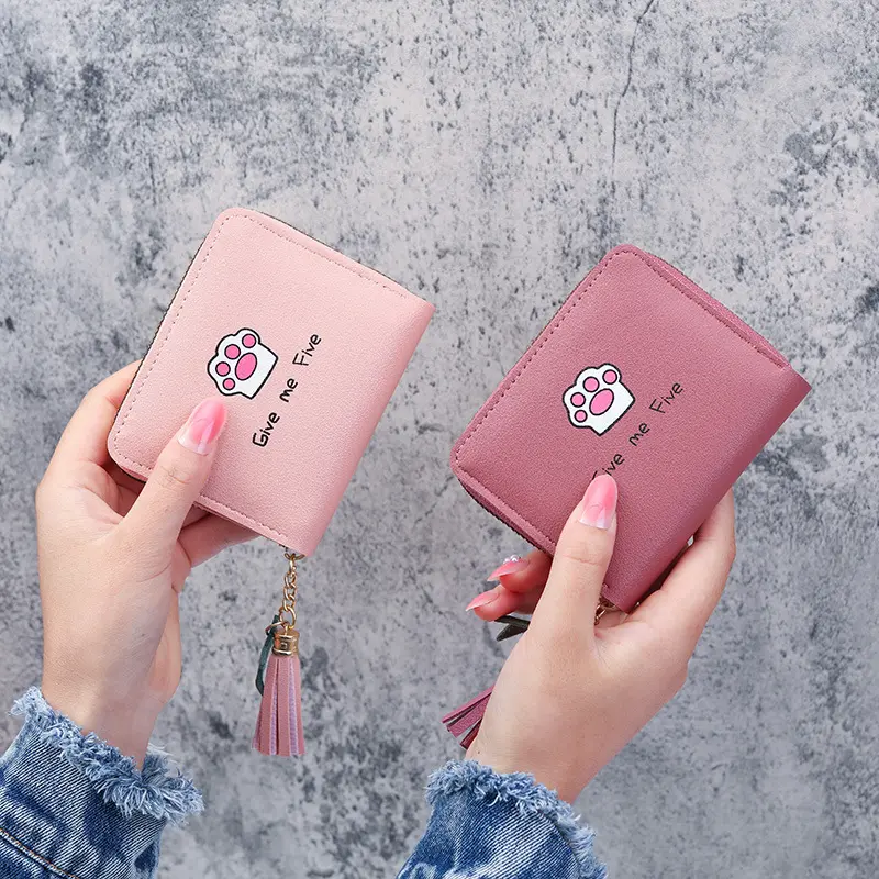 New Women's Wallet Fashion Short Casual Student Coin Purse Cute Cartoon Cat Paw Print Tassel Zipper Card Case Designer Wallet