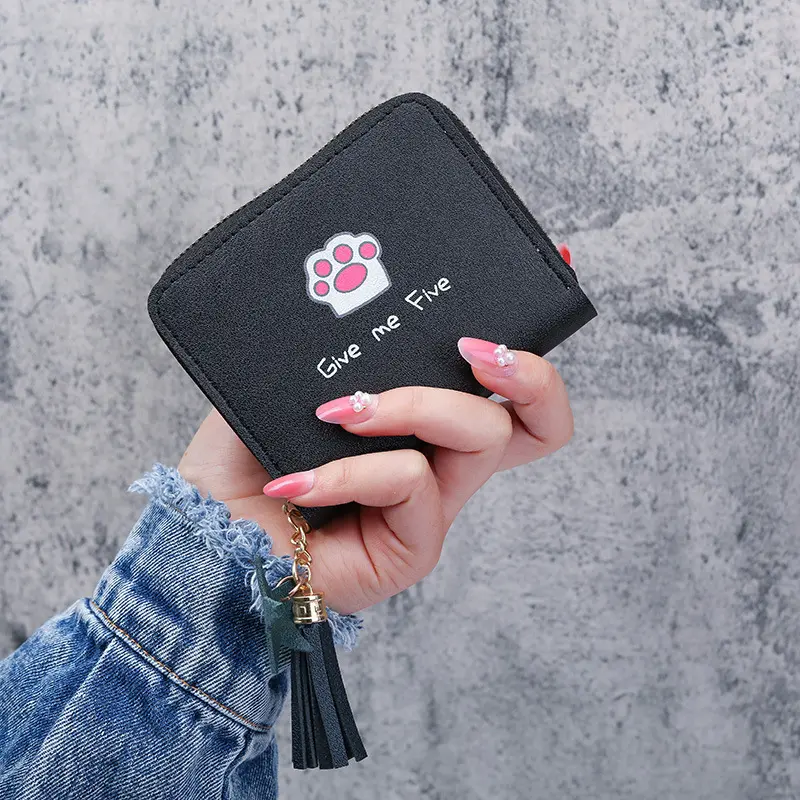 New Women's Wallet Fashion Short Casual Student Coin Purse Cute Cartoon Cat Paw Print Tassel Zipper Card Case Designer Wallet