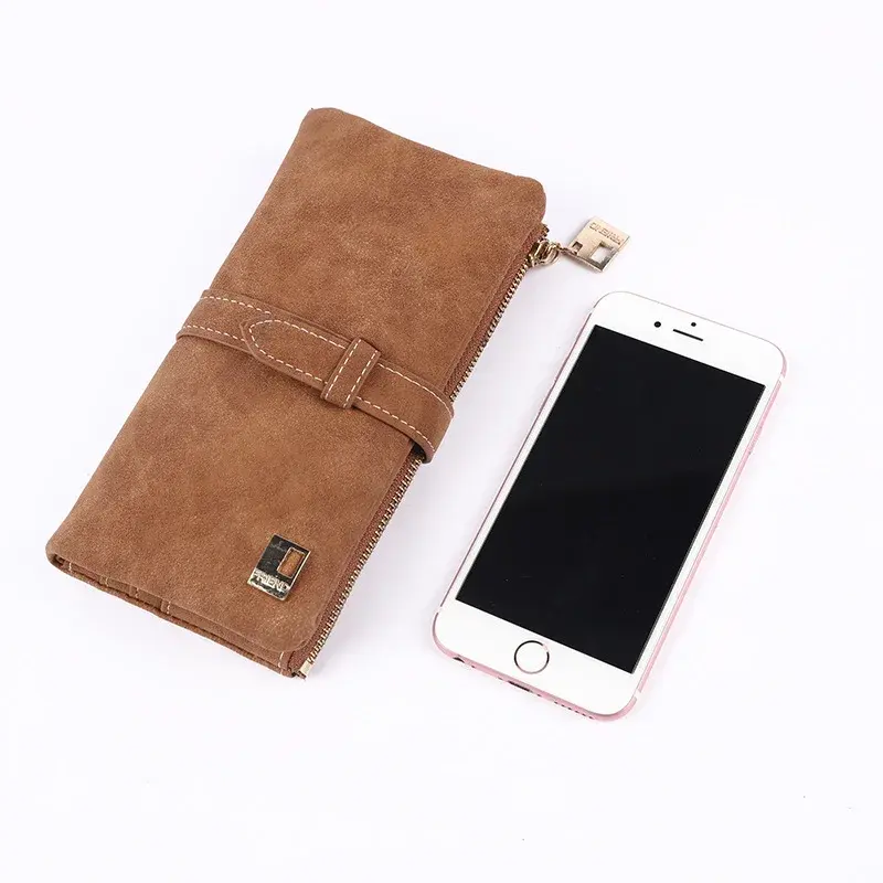2024 New Fashion Women Wallets Drawstring Nubuck Leather Zipper Wallet Women's Long Design Purse Two Fold More Color Clutch
