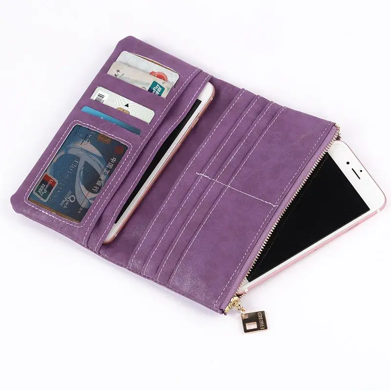 2024 New Fashion Women Wallets Drawstring Nubuck Leather Zipper Wallet Women's Long Design Purse Two Fold More Color Clutch