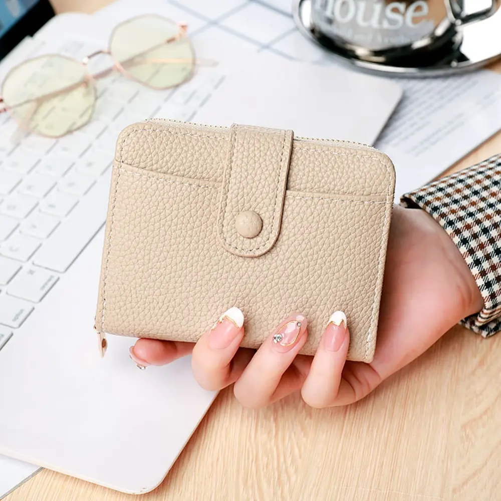 New Elegant Women Short Wallet Pu Leather Lychee Pattern Business Purse Zipper Solid Color Bank/ID/Credit Card Holder Woman