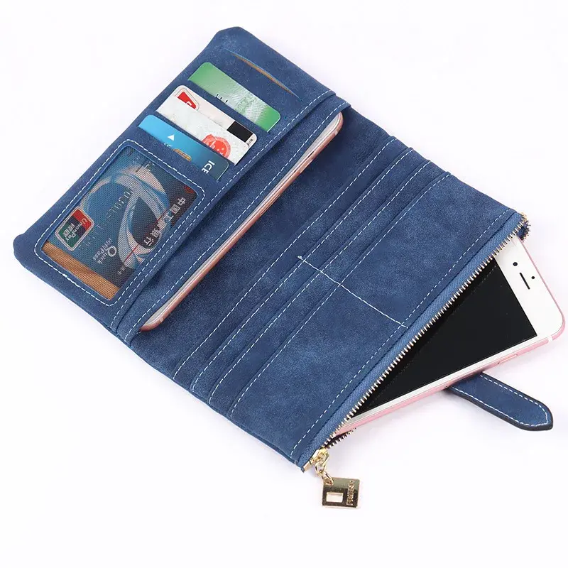 2024 New Fashion Women Wallets Drawstring Nubuck Leather Zipper Wallet Women's Long Design Purse Two Fold More Color Clutch