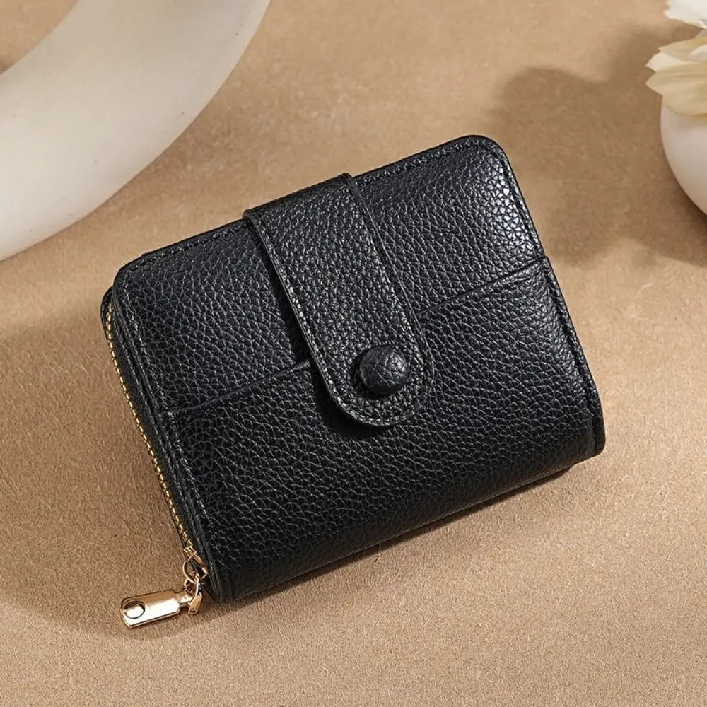 New Elegant Women Short Wallet Pu Leather Lychee Pattern Business Purse Zipper Solid Color Bank/ID/Credit Card Holder Woman