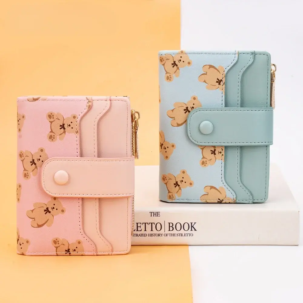 Women Short Wallets PU Leather Female Bifold Purses Cute Bear Card Holder Wallet for Girl Small Zipper Wallet with Coin Purse