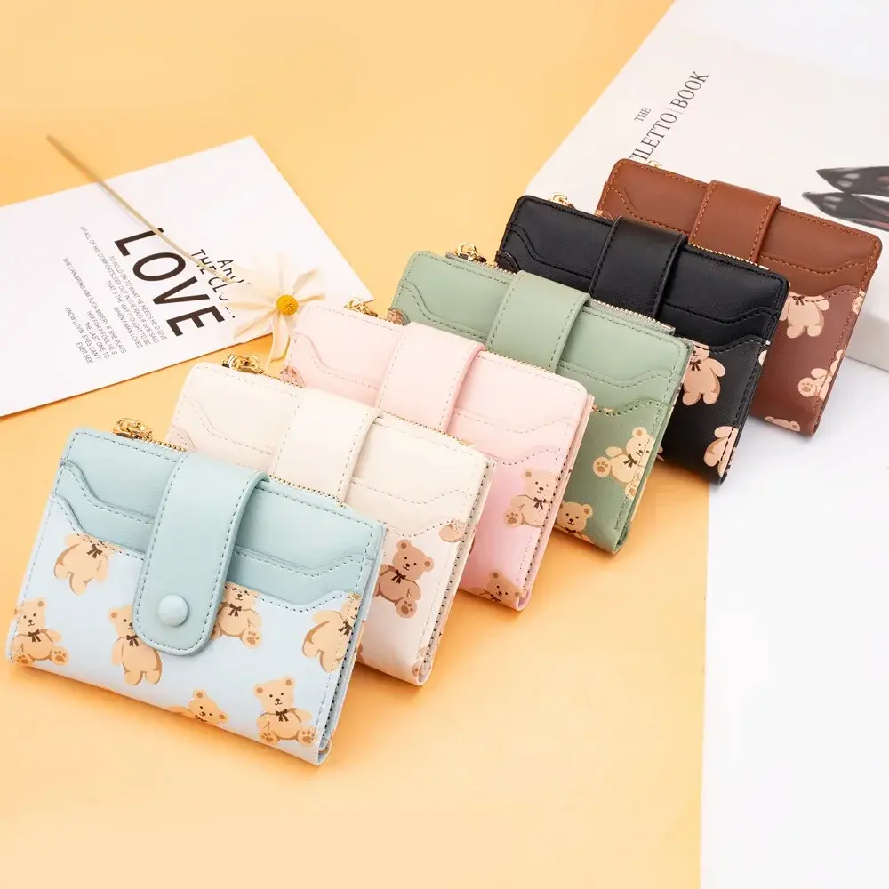 Women Short Wallets PU Leather Female Bifold Purses Cute Bear Card Holder Wallet for Girl Small Zipper Wallet with Coin Purse