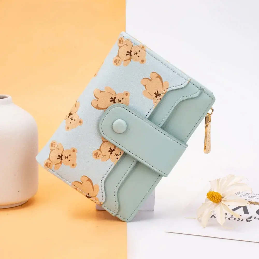 Women Short Wallets PU Leather Female Bifold Purses Cute Bear Card Holder Wallet for Girl Small Zipper Wallet with Coin Purse