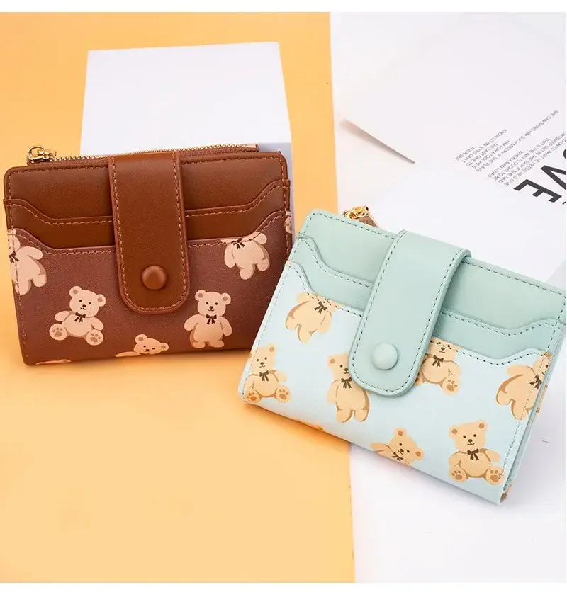 Women Short Wallets PU Leather Female Bifold Purses Cute Bear Card Holder Wallet for Girl Small Zipper Wallet with Coin Purse