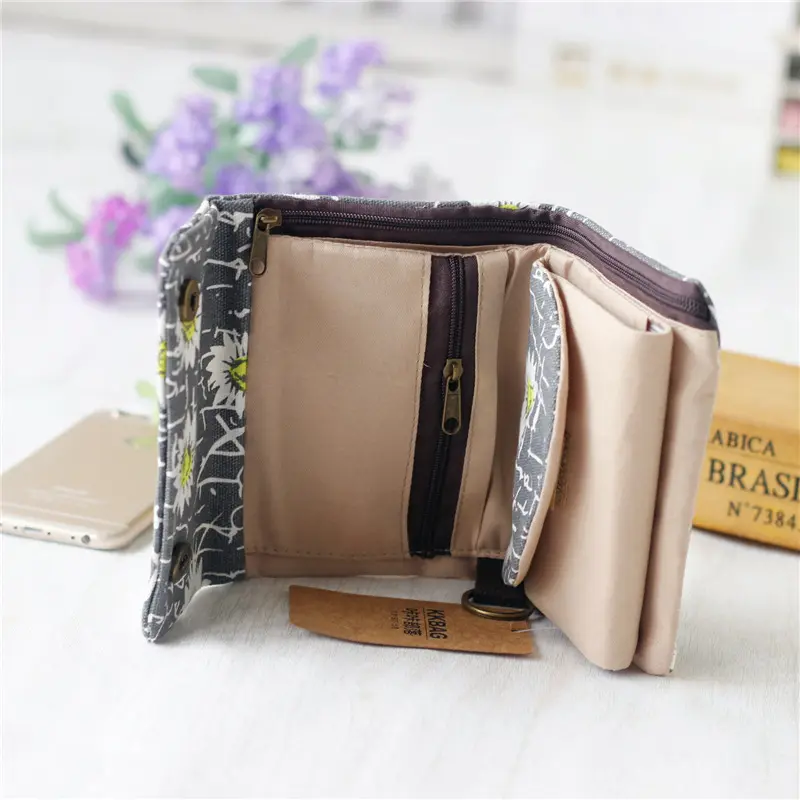 Women's Canvas Cartoon Printing Fold Wallet Small Card Organizer Key Pouch Ladies Money Bag Coin Purse for Children Girls Woman