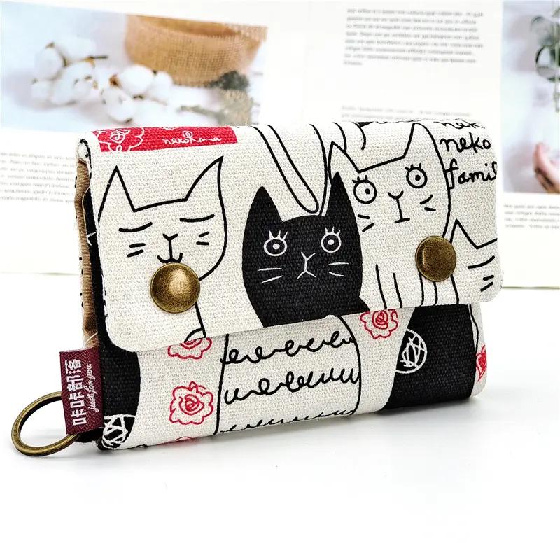 Women's Canvas Cartoon Printing Fold Wallet Small Card Organizer Key Pouch Ladies Money Bag Coin Purse for Children Girls Woman