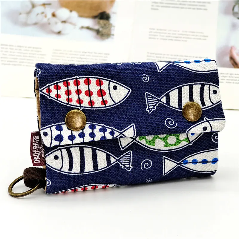 Women's Canvas Cartoon Printing Fold Wallet Small Card Organizer Key Pouch Ladies Money Bag Coin Purse for Children Girls Woman