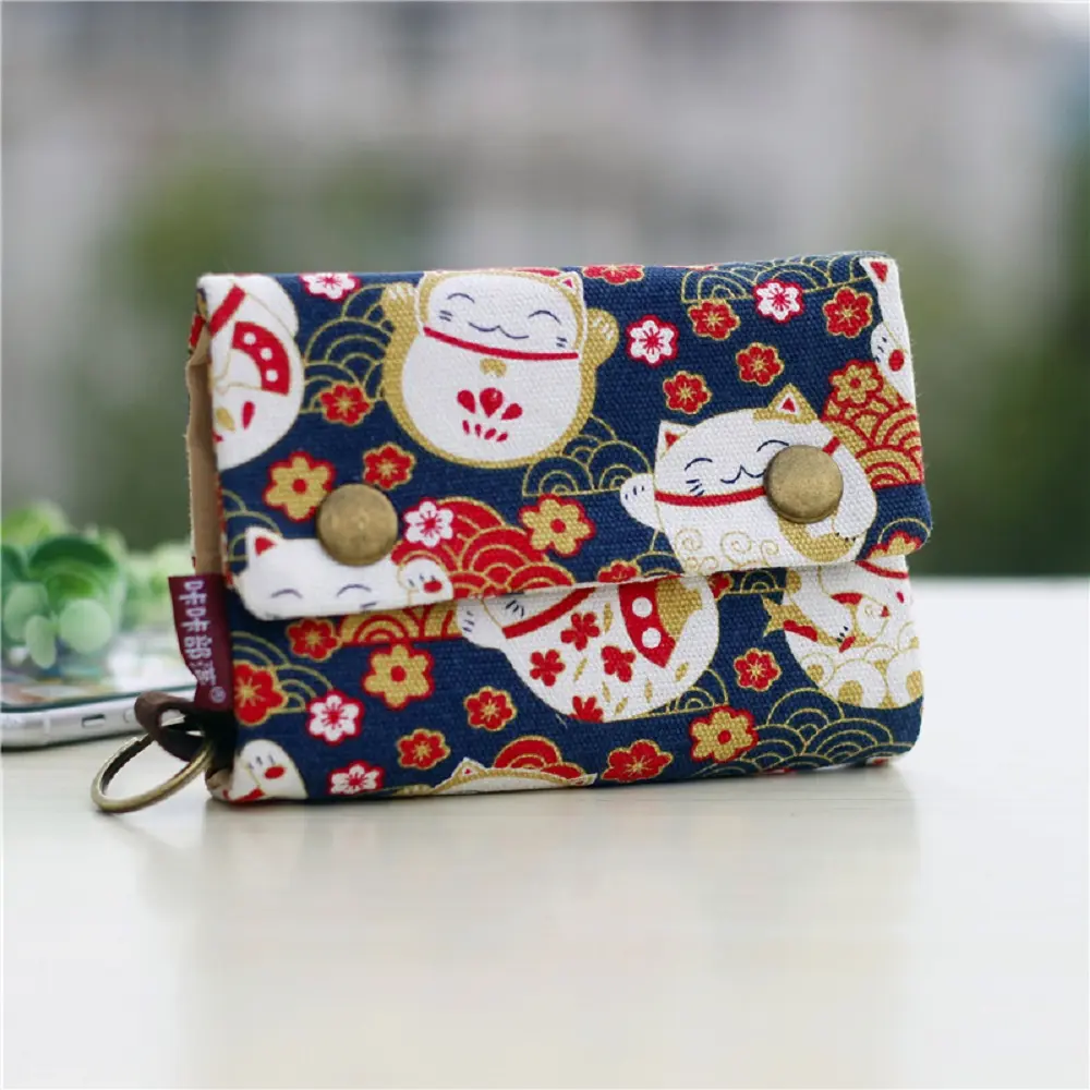 Women's Canvas Cartoon Printing Fold Wallet Small Card Organizer Key Pouch Ladies Money Bag Coin Purse for Children Girls Woman