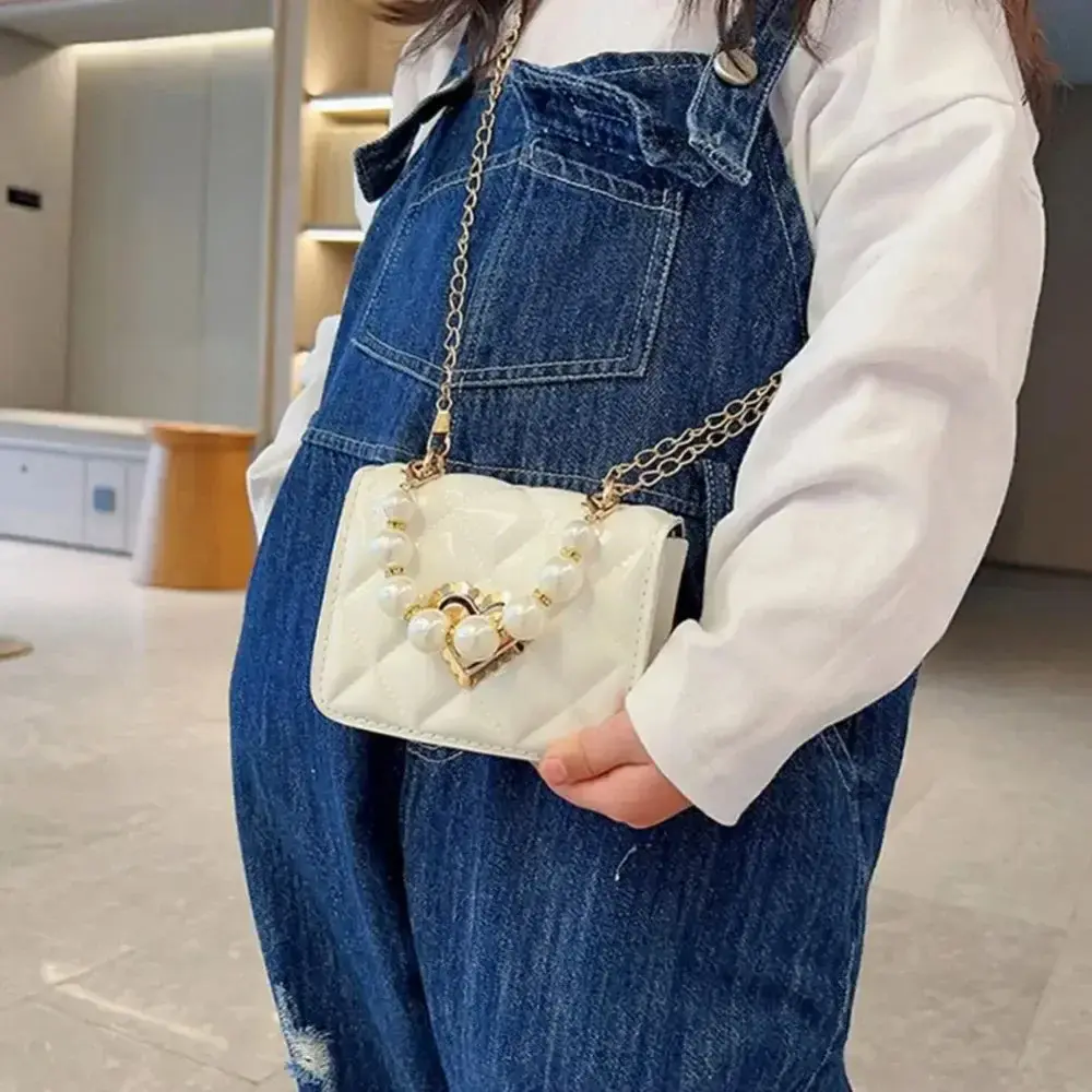 Women Handbag Faux Pearl Handle Golden Love Heart Detachable Metal Chain Mini Elegant Girl Single Shoulder Bag Purse Cute Wallet