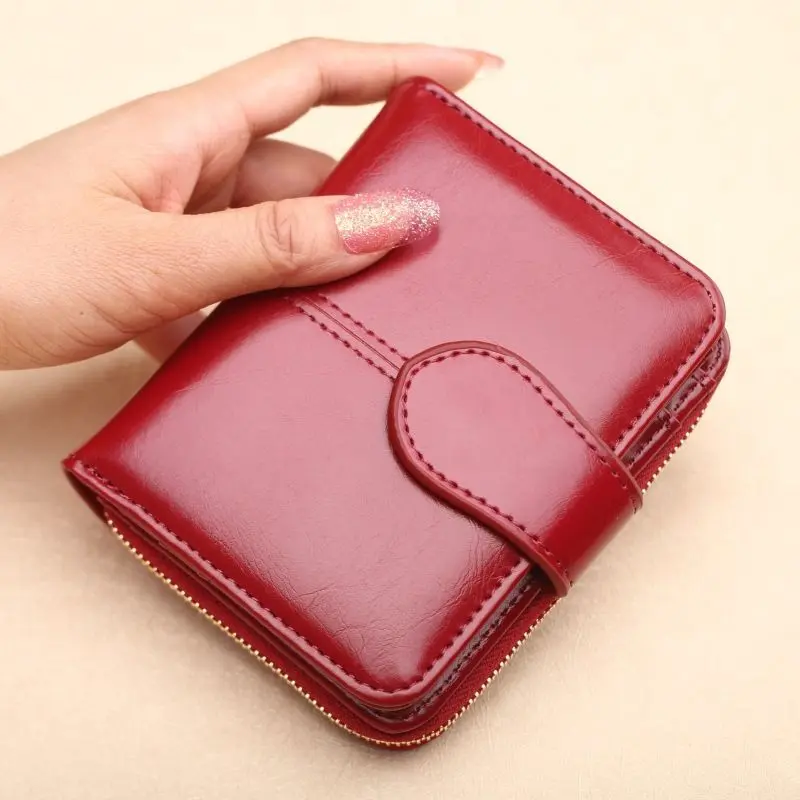 Women Square Wallets Greased Leather Ladies Zipper Coin Purse Female Small Clutch Money Bag Credit Card Holder Cute Short Wallet