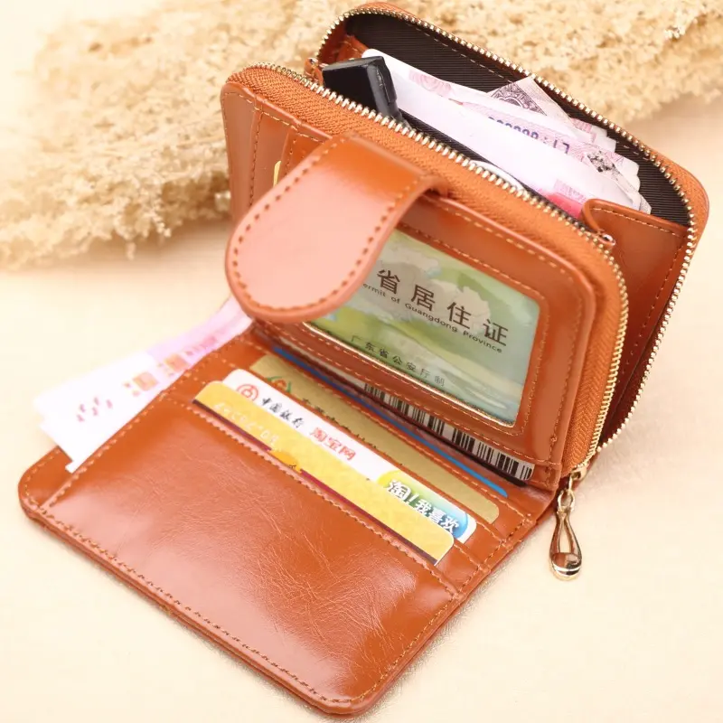 Women Square Wallets Greased Leather Ladies Zipper Coin Purse Female Small Clutch Money Bag Credit Card Holder Cute Short Wallet