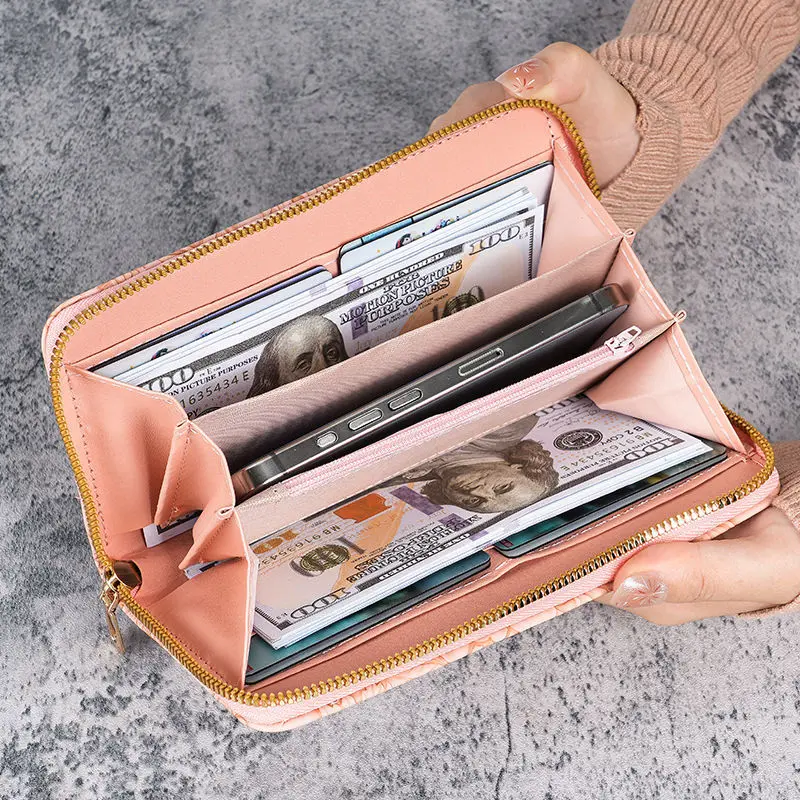 Floral Embossed Leather Women's Long Wallet - Phone Slot Credit Card Holder, Trendy Coin Clutch Purse with Hand-painted Design