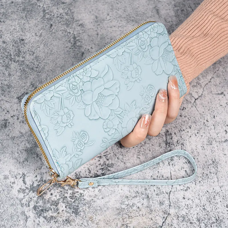 Floral Embossed Leather Women's Long Wallet - Phone Slot Credit Card Holder, Trendy Coin Clutch Purse with Hand-painted Design