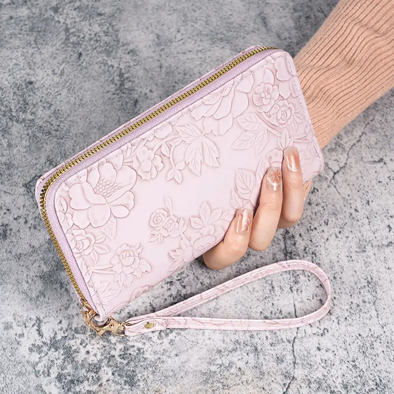 Floral Embossed Leather Women's Long Wallet - Phone Slot Credit Card Holder, Trendy Coin Clutch Purse with Hand-painted Design
