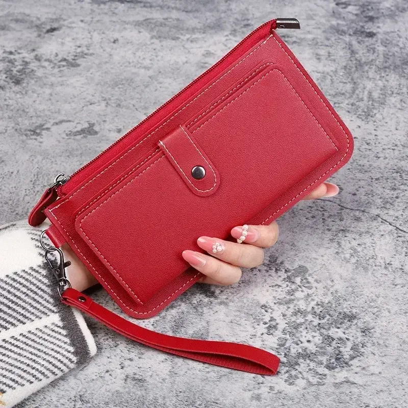 2024 Leather Women Wallets Luxury Long Hasp Fold-over Pattern Coin Purses Female Brand Solid Colors New Thin Clutch Phone Bag