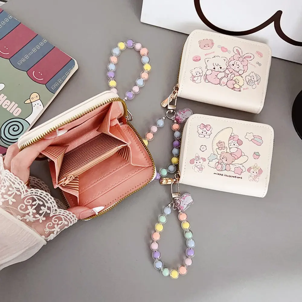 Kawaii PU Leather Short Wallet Mikko with Rope Pendant Coin Purse Mini Credit Card Holoder Money Bag Girl