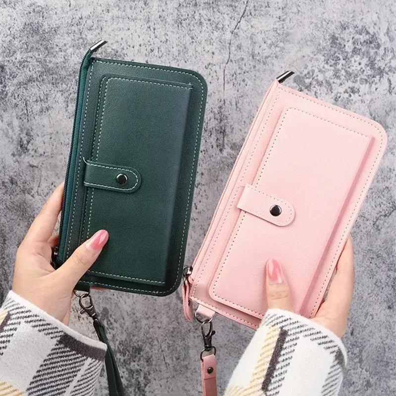 2024 Leather Women Wallets Luxury Long Hasp Fold-over Pattern Coin Purses Female Brand Solid Colors New Thin Clutch Phone Bag