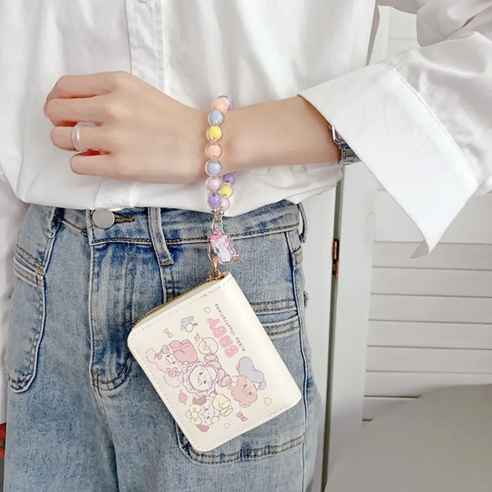 Kawaii PU Leather Short Wallet Mikko with Rope Pendant Coin Purse Mini Credit Card Holoder Money Bag Girl