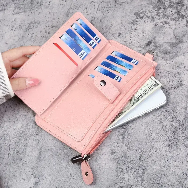 2024 Leather Women Wallets Luxury Long Hasp Fold-over Pattern Coin Purses Female Brand Solid Colors New Thin Clutch Phone Bag