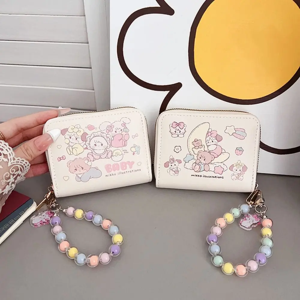 Kawaii PU Leather Short Wallet Mikko with Rope Pendant Coin Purse Mini Credit Card Holoder Money Bag Girl