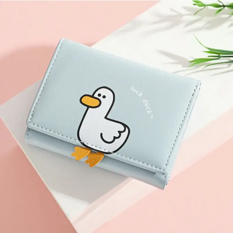Women's Creative Cartoon Luck Duck Design Wallet PU Leather Bank Card Holder Kawaii Short Fold Wallets Cash Clip Women's Purses