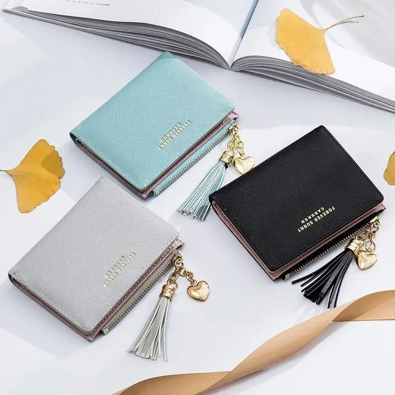 Women's Fashion Wallets Tassel Short Wallet For Woman Zipper Mini rfid Coin Purse Ladies Small Wallet Female Leather Card Holder