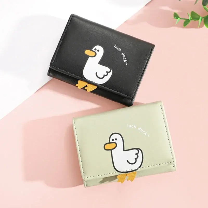 Women's Creative Cartoon Luck Duck Design Wallet PU Leather Bank Card Holder Kawaii Short Fold Wallets Cash Clip Women's Purses