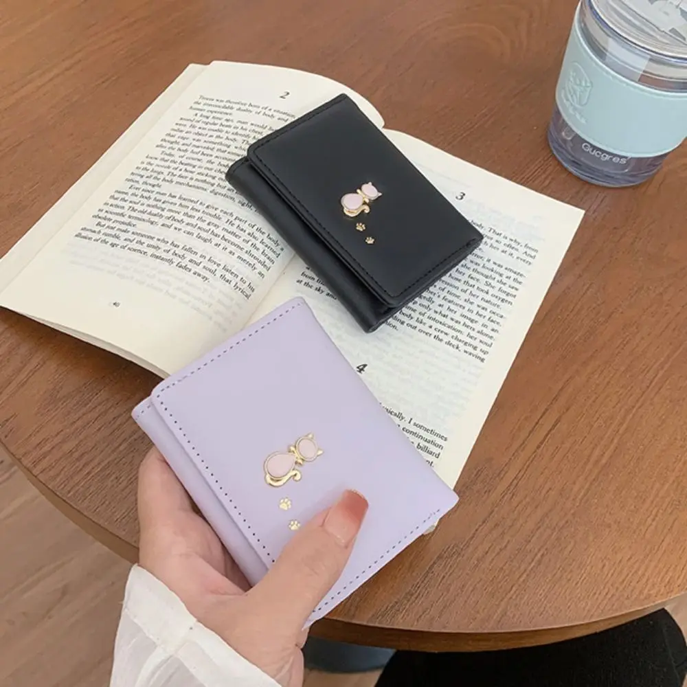 Pouch Portable Cute Tri-Fold Purses Multiple Card Slot Cat Short PU Wallet Candy Color Money Bag Card Holder Girls