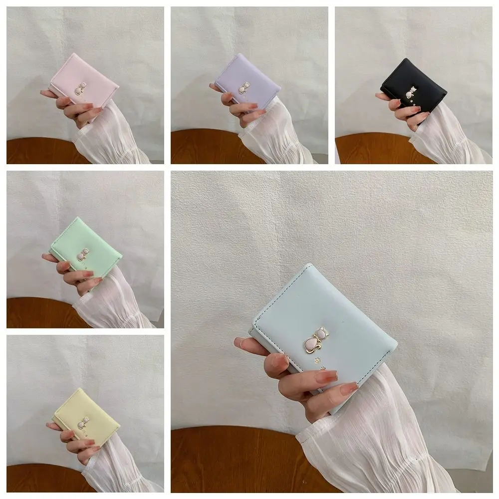 Pouch Portable Cute Tri-Fold Purses Multiple Card Slot Cat Short PU Wallet Candy Color Money Bag Card Holder Girls