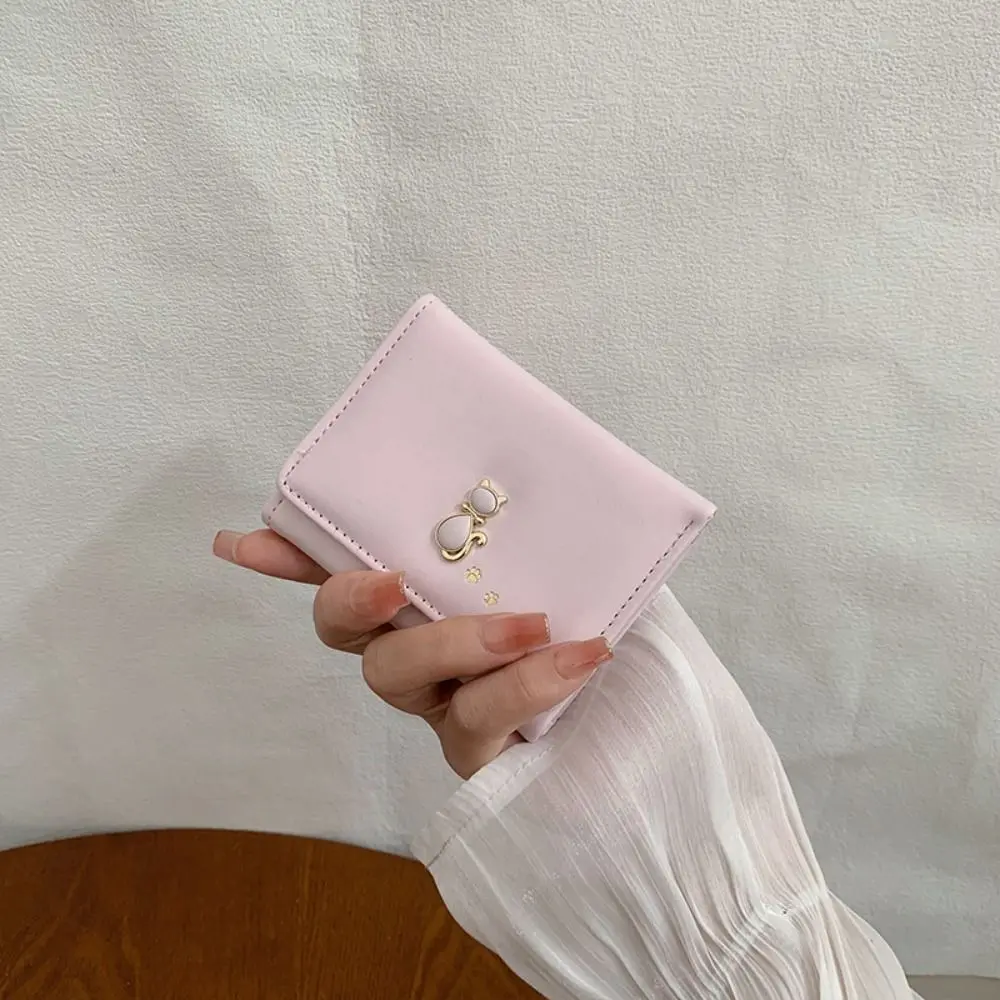 Pouch Portable Cute Tri-Fold Purses Multiple Card Slot Cat Short PU Wallet Candy Color Money Bag Card Holder Girls
