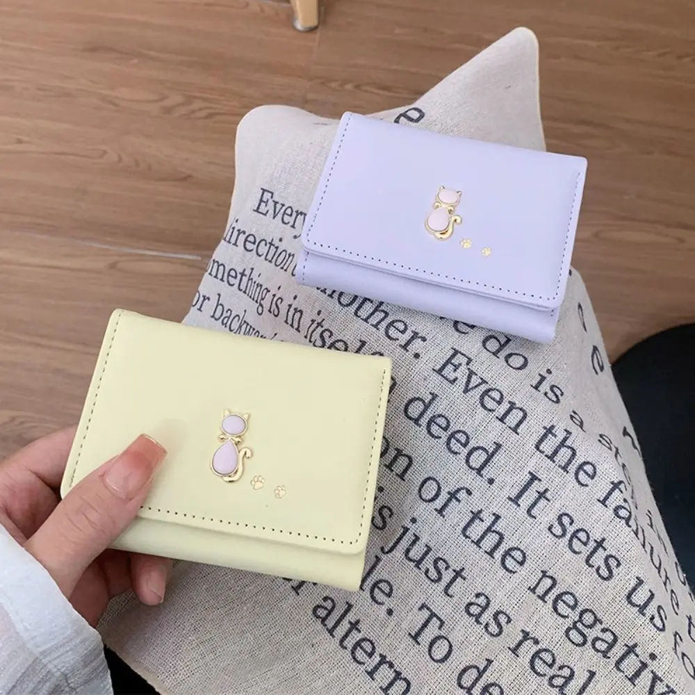Pouch Portable Cute Tri-Fold Purses Multiple Card Slot Cat Short PU Wallet Candy Color Money Bag Card Holder Girls
