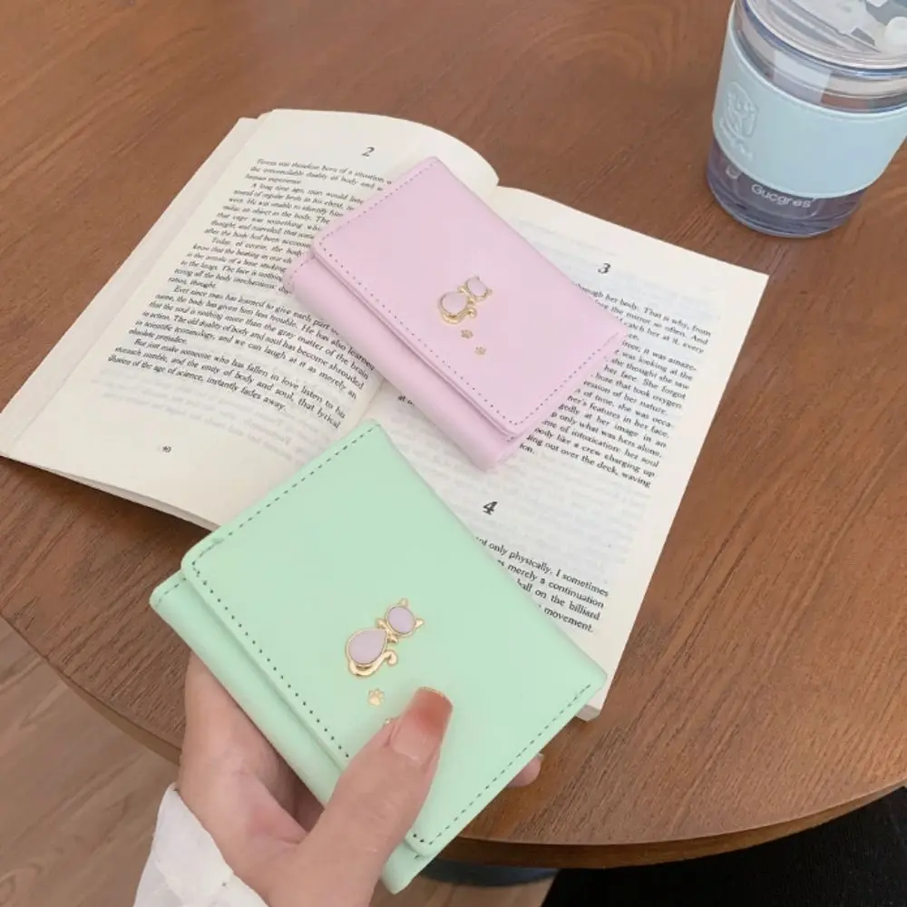 Pouch Portable Cute Tri-Fold Purses Multiple Card Slot Cat Short PU Wallet Candy Color Money Bag Card Holder Girls