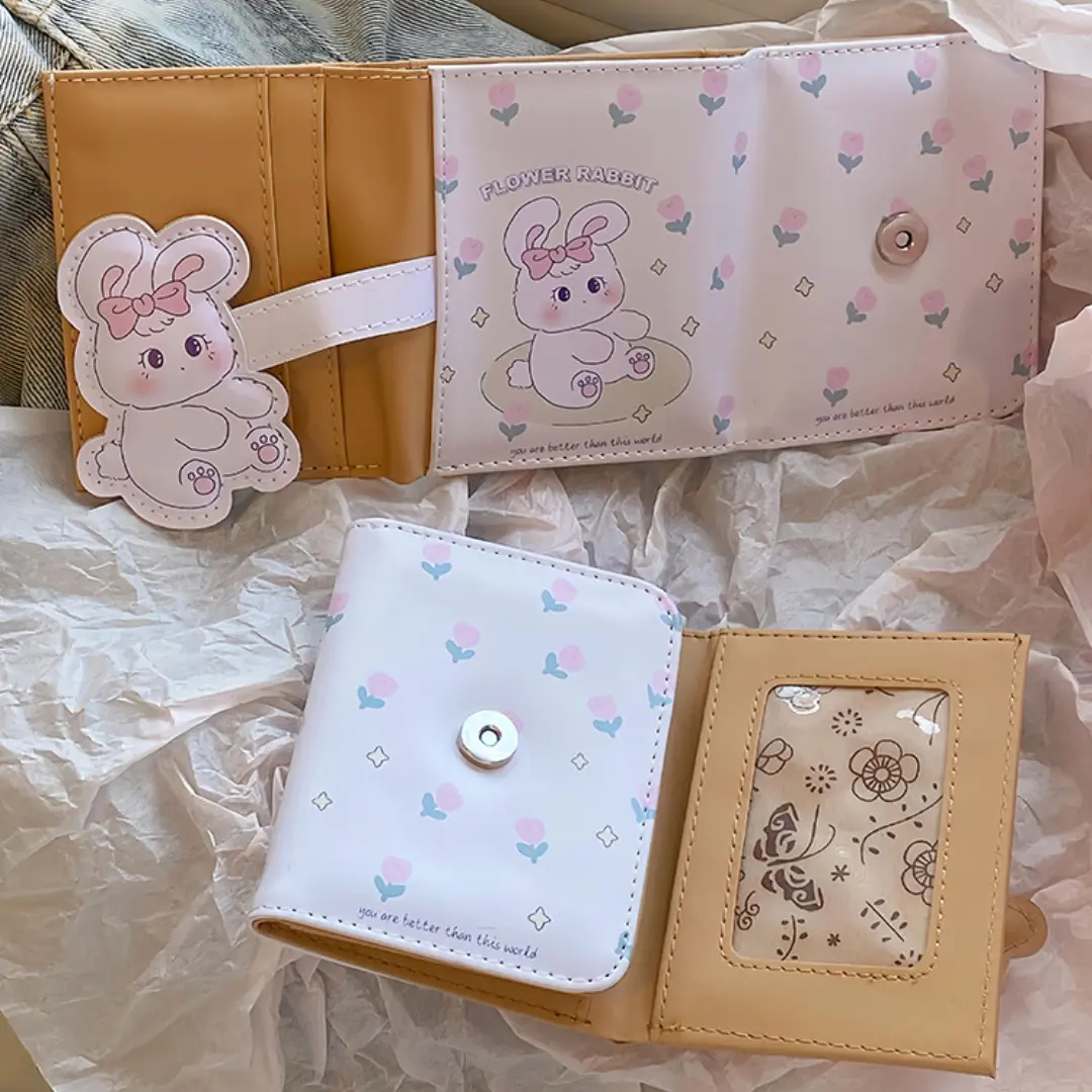 Cartoon Pu Purse Wallet Lovely Little Bear Bunny Coin Wallet Simple And Portable Three Fold Student Mini Card Bag Birthday Gift
