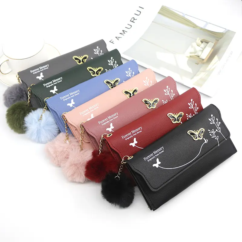 Fashionable New Women Long Wallets Pure Color Butterfly Wool Ball Bow Clutch Bag Women's Long Bag Card Bag Coin Purse Money Bag