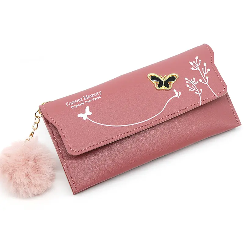 Fashionable New Women Long Wallets Pure Color Butterfly Wool Ball Bow Clutch Bag Women's Long Bag Card Bag Coin Purse Money Bag