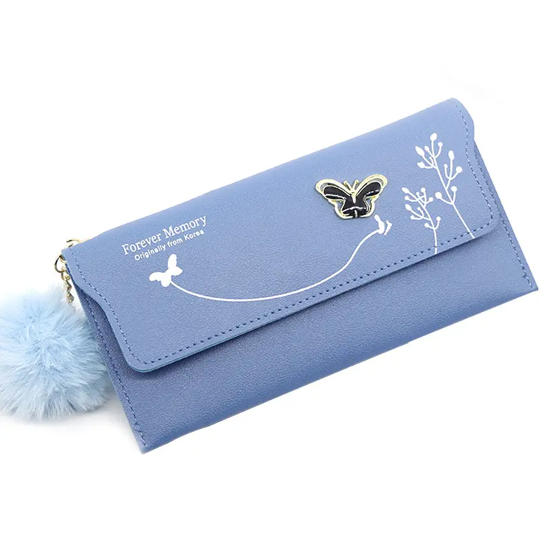 Fashionable New Women Long Wallets Pure Color Butterfly Wool Ball Bow Clutch Bag Women's Long Bag Card Bag Coin Purse Money Bag