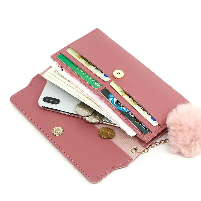 Fashionable New Women Long Wallets Pure Color Butterfly Wool Ball Bow Clutch Bag Women's Long Bag Card Bag Coin Purse Money Bag
