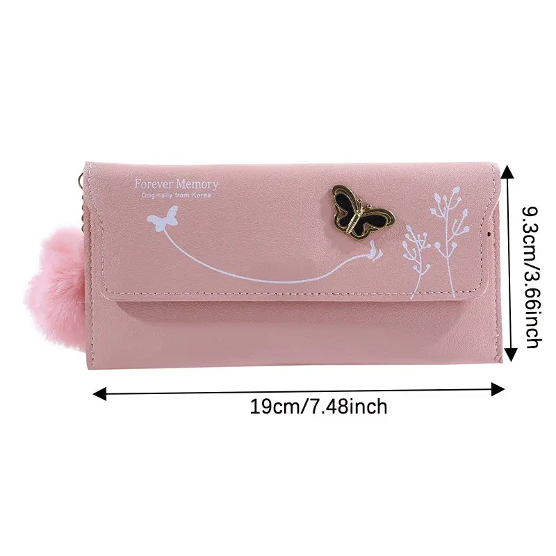 Fashionable New Women Long Wallets Pure Color Butterfly Wool Ball Bow Clutch Bag Women's Long Bag Card Bag Coin Purse Money Bag