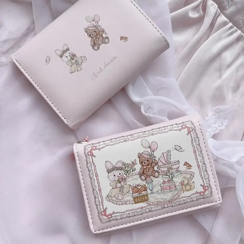 Sweet Wallet for Women Cute Original Square Fold Coin Purse Pu Leather Zip Animal Prints Aesthetic Bag Youth Wallet