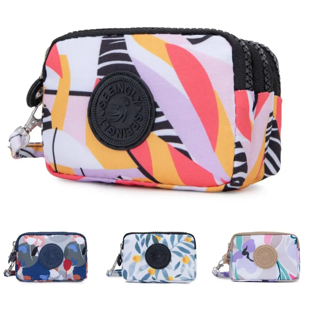 Fashion 3 Zippers Coin Purse Floral Canvas Wallet Waterproof Card Holder Women