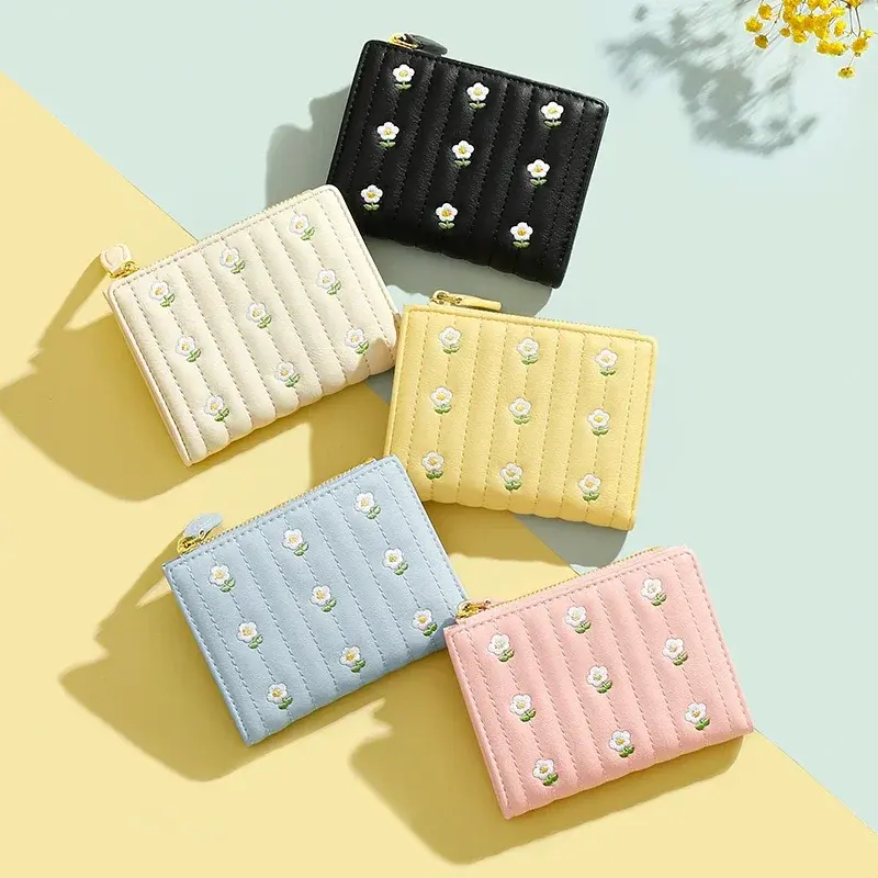 Folding Short Wallets Women Floral Embroidery PU Leather Texture Wallet Money Coin Bags Fashion All-match Designs Card Holders