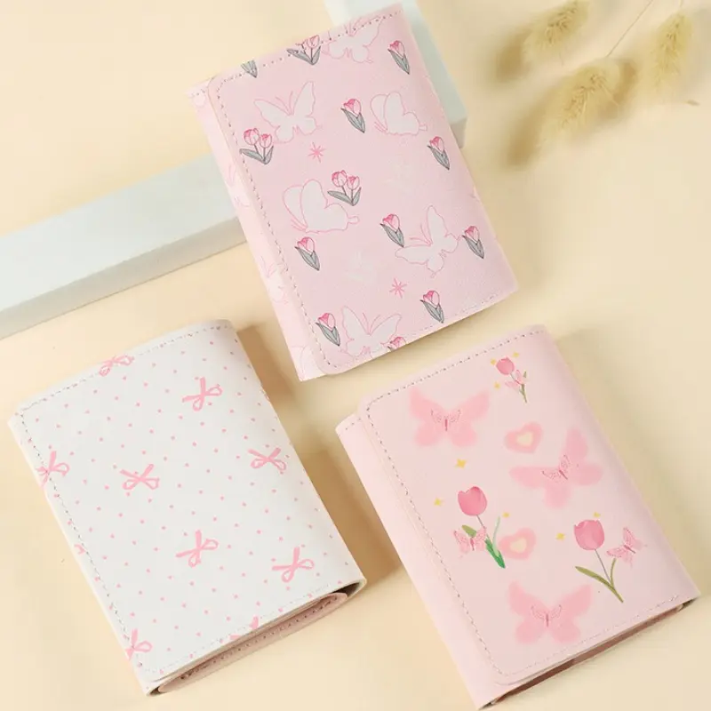 Cute Flower Bow Wallet Women Sweet Pink Three Fold Purse Card Holder for Girl Portable Travel Cash Coin Pouch Photo Card Bag