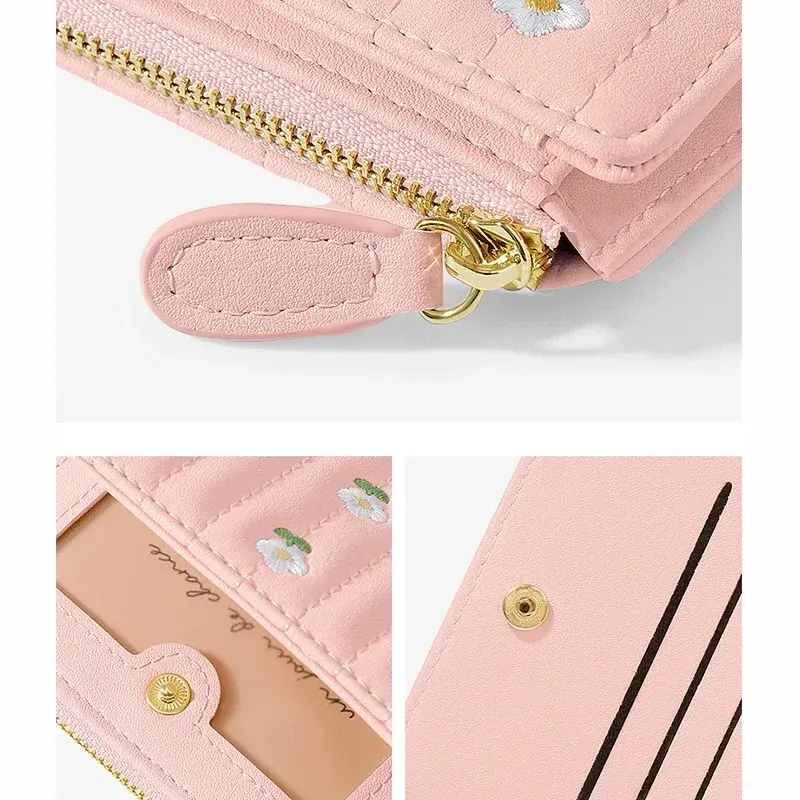 Folding Short Wallets Women Floral Embroidery PU Leather Texture Wallet Money Coin Bags Fashion All-match Designs Card Holders